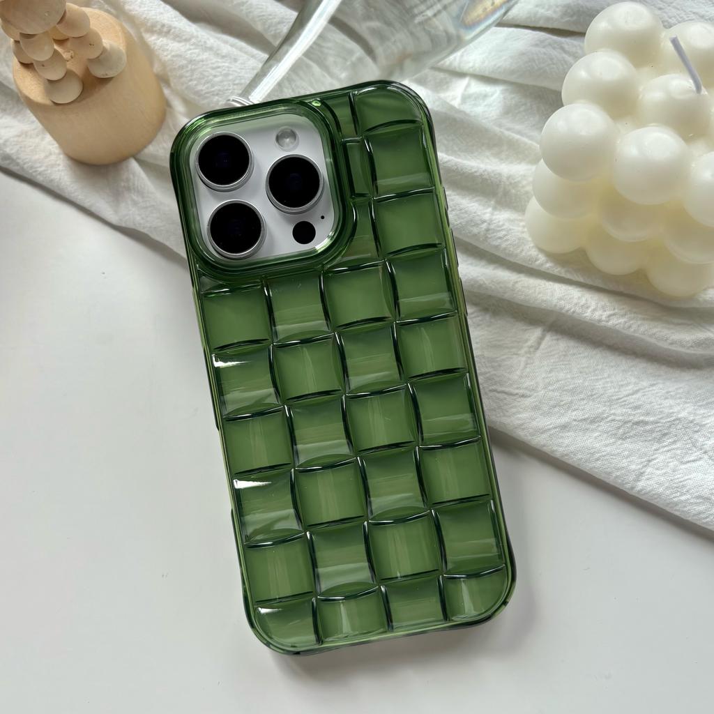 Stereoscopic Green Woven Plaid Convexity Soft Transparent Cube Pattern Cover Phone Case for IPhone 11 12 13 14 15 16 17 Pro Max