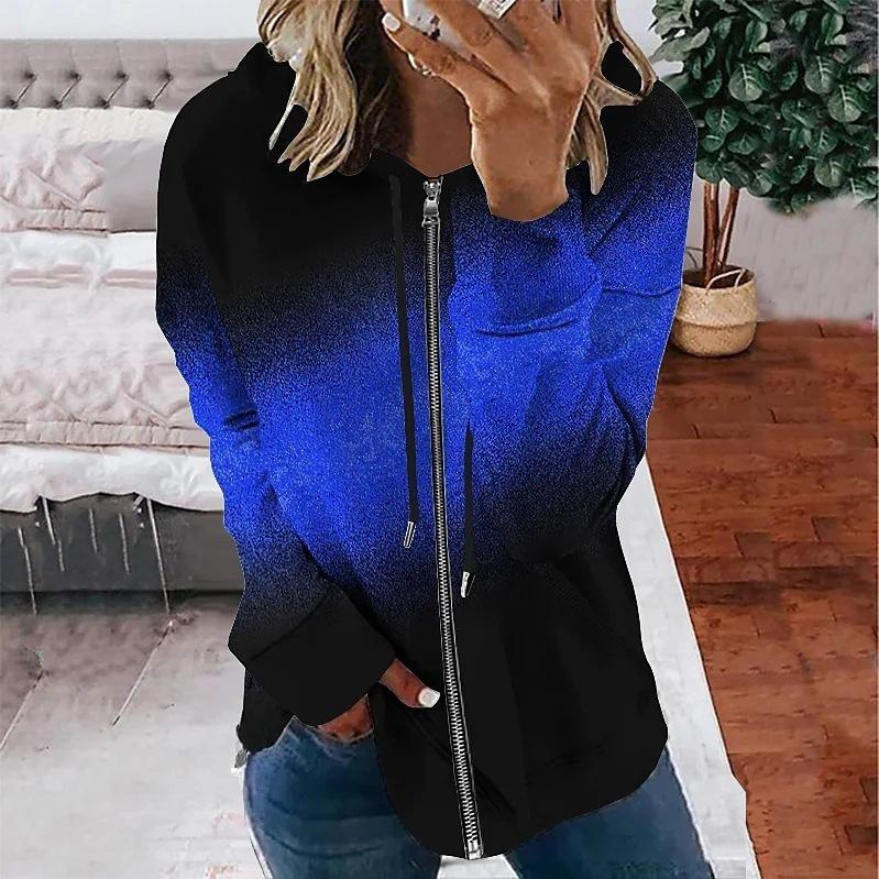 Winter Gradient Printed Hooded Sweatshirt Sportwear Coat for Women Zipper Down 3D Pocket Hoodies Autumn Women's Clothing