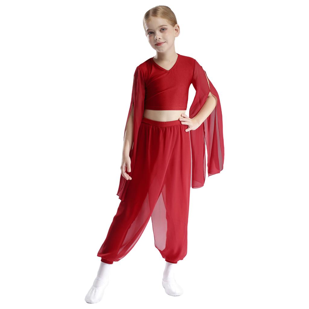 Girls Classical Dance Set V Neck Crop Top Flared Sleeves Design with Practice Pants Performance Outfit