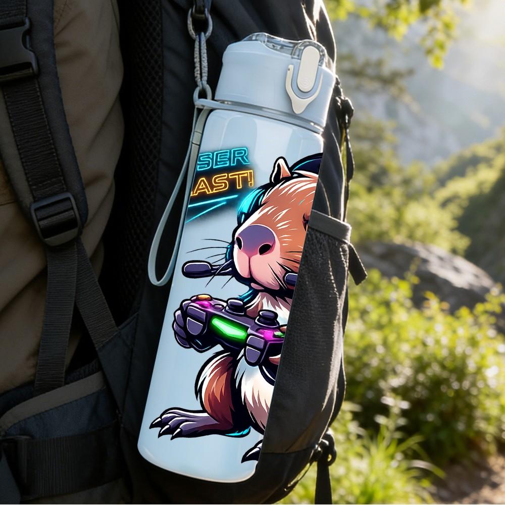 1PC Cute Beaver Backpack Cartoon Print 750ml Color Plastic Sports Water Bottle Leakproof Flip Straw Lid Suitable for Sports Office Home Use