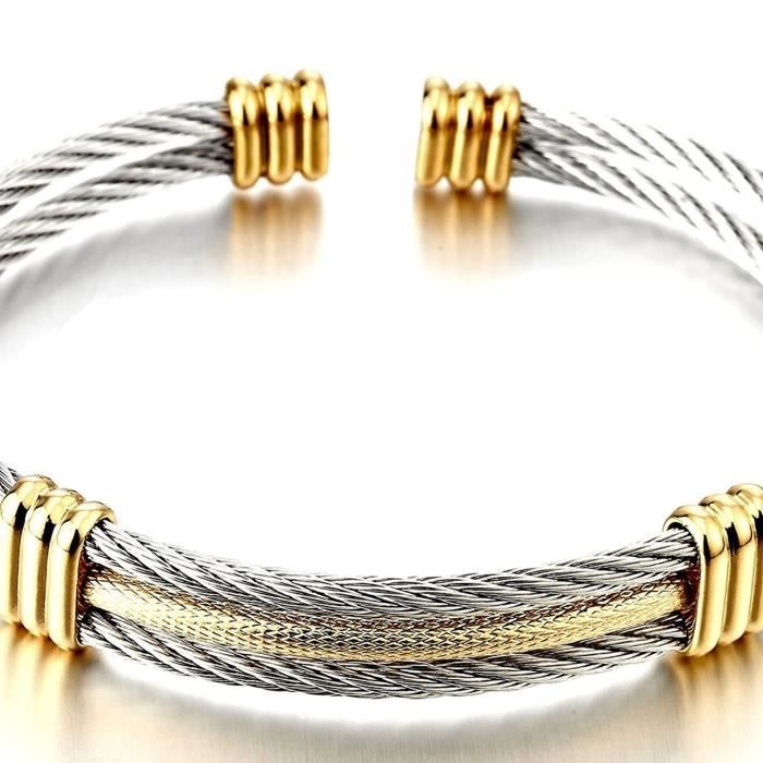 Bracelet - Stainless Steel Men Women Adjustable Cuff Bracelet Twisted Cable- Silver Gold Two-Tone