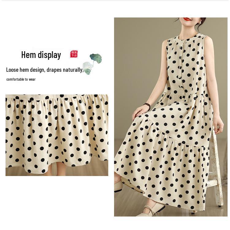 Women's Plus Size Polka Dot Sleeveless Cotton-Linen Dress - French Style