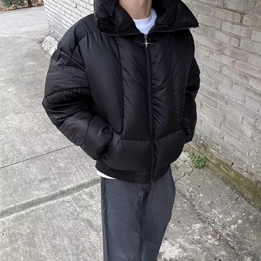 Men's Vintage American-Style Cotton Jacket: Trendy, High-End, Warm, Short Stand Collar, Black Coat for Autumn and Winter