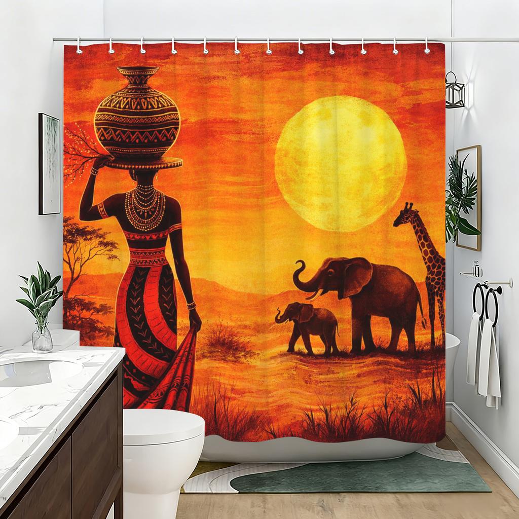 Afrikaanse Stijl Dier & Karakter Bedrukte Polyester Douchegordijn - Decoratief Badgordijn Voor Badkamer, Stijlvolle Badkamer Decoratie