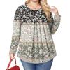 Women's Plus Size Fashion Printed Casual Pleated Round Neck Long Sleeve Top