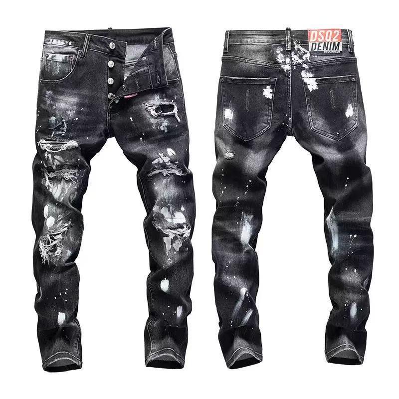Mens Straight Fit Distressed Patchwork Denim Jeans Vintage Streetwear Style High Waist Ripped Cotton