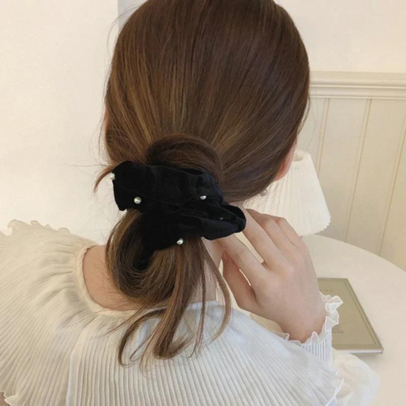 Retro Black Velvet Pearl Rope Hair Headband Flowers Hairband For Woman Temperament Hair Ties Rubber Band Female Hair Accessories