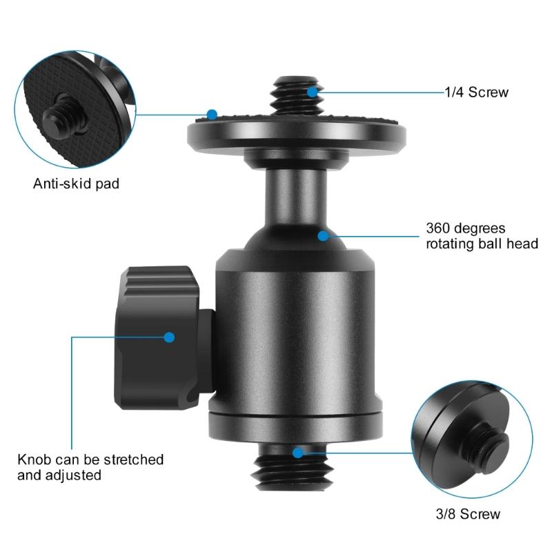 Universal Ball Head Adapter 1/4in / 3/8in Screw Aluminum Alloy 360Swivel Mount for Camera Tripod Light Bracket Accessory