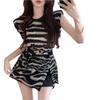 Zebra Print Niche Design Cap Sleeve Shoulder Pad Top for Women