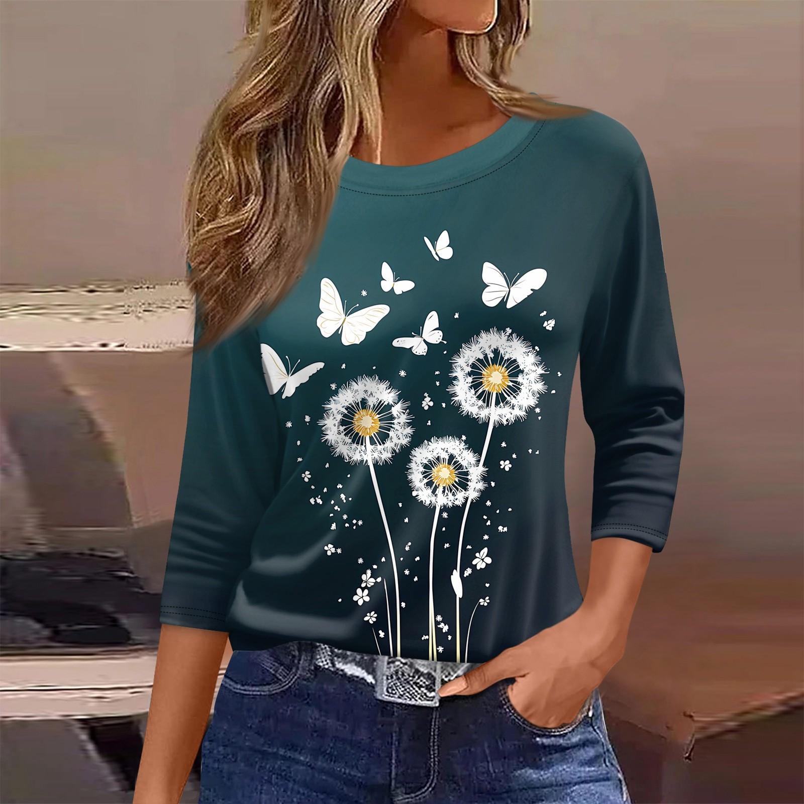 

Женская футболка с принтом, рукав 3/4, повседневная, модная, на выходные, базовая, с круглым вырезом, стандартный топ XL тёмно-синий