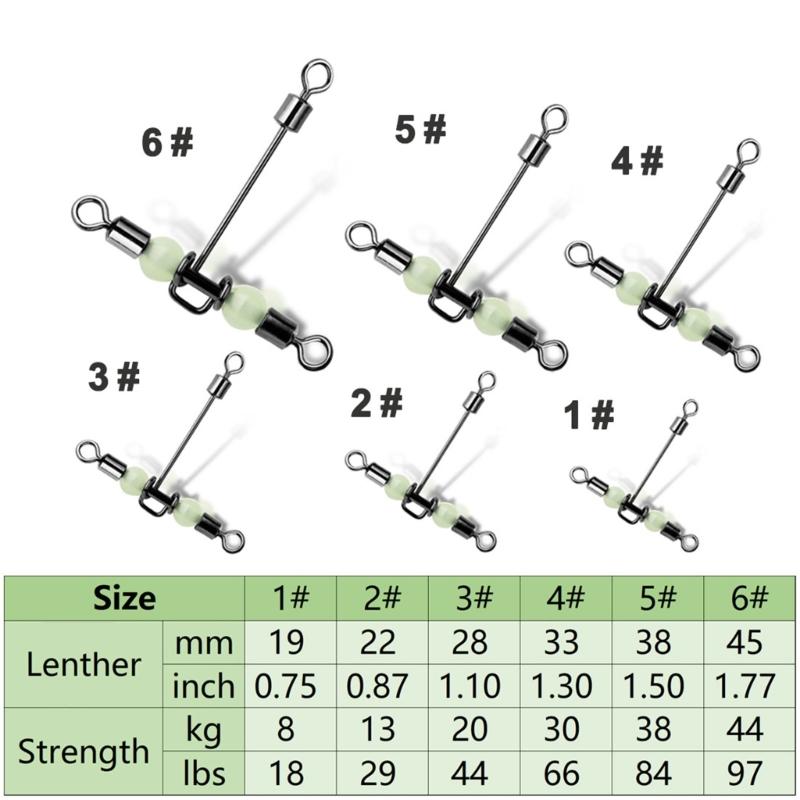 15Pcs Swivels Barrels Rolling Swivels Fishing Tackle Rig Swivels 3 Way Swivels with Glow Beads