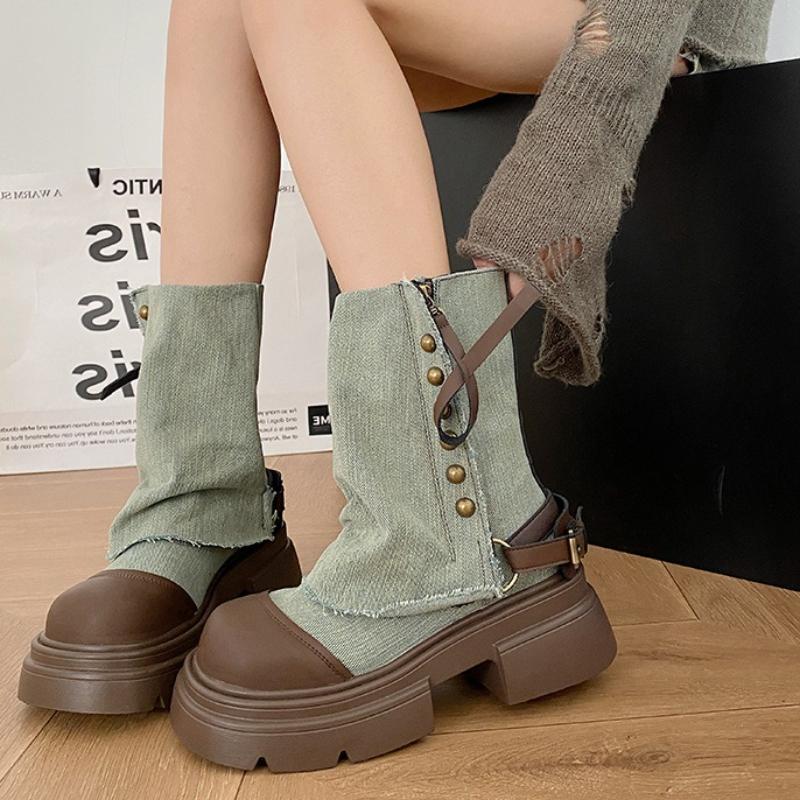 High Quality Brand Designer Ankle Boots Women Rivet Decoration Western Denim Boots Fashion Non-slip Thick Bottom Platform Shoes
