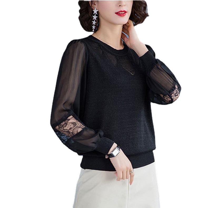 Round Neck Patchwork Yarn Sleeve Hollow Knit Sweater Top Long Sleeved Sweater Women's Base Sweater