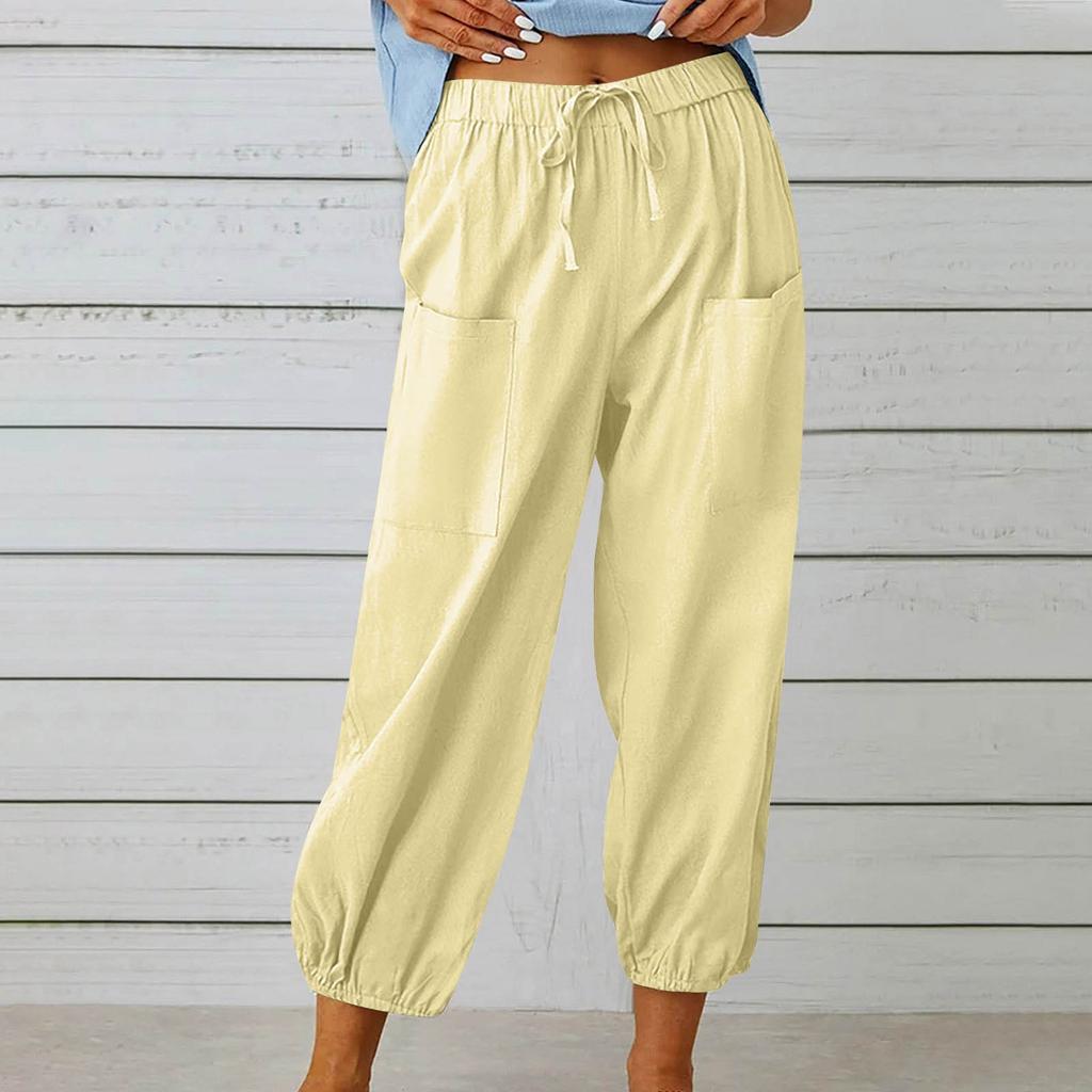 Women's Fashionable Color Cotton Linen Elastic Waist Decorative Casual Pants With Pockets