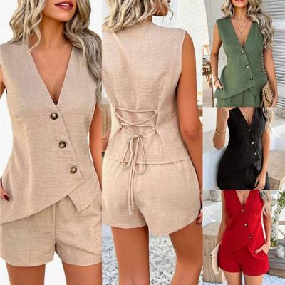 Sleeveless Solid Color Vest Cardigan Button Up Women's Top Daily Casual Elegant Commuting Style Summer Set