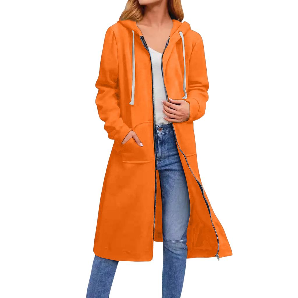 Women's Solid Color Fashionable Loose Zipper Long Cardigan Hooded Sweatshirt Jacket