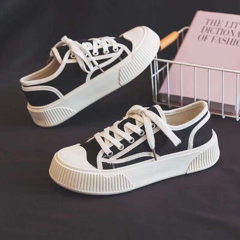 Thickened bottom women's lace-up biscuits canvas shoes flat bottom shallow mouth low-top female student board shoes casual muffin white shoes