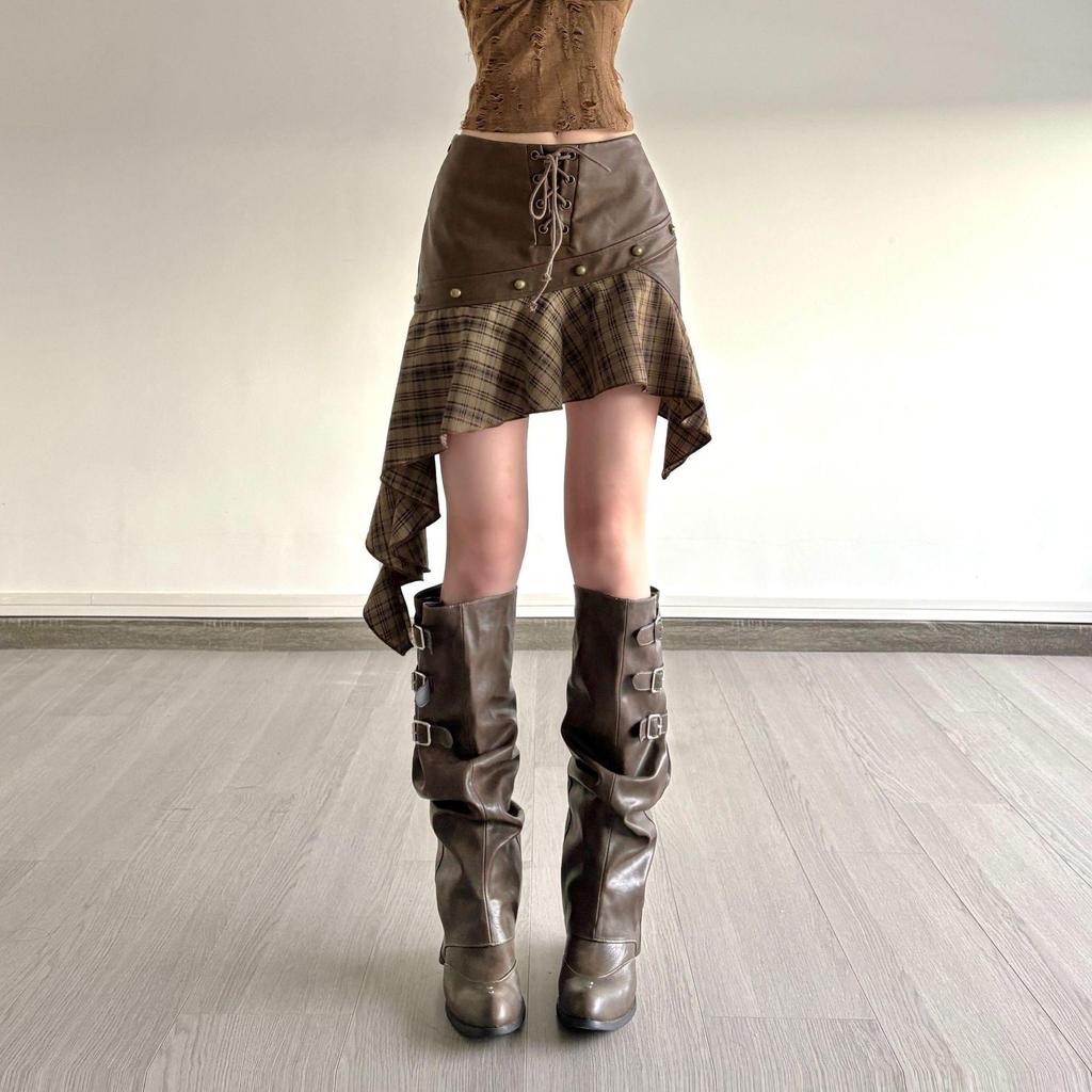 Urban Chic Plaid Patchwork Lace Pleated Mini Skirt