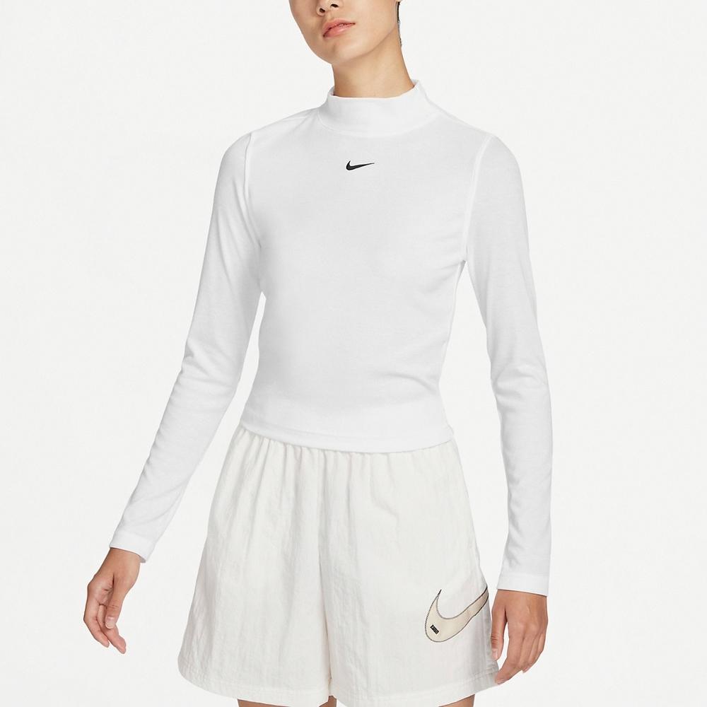Nike Solid Color Logo Print High Neck Long Sleeve T-Shirt Women Tops White DV7881-100