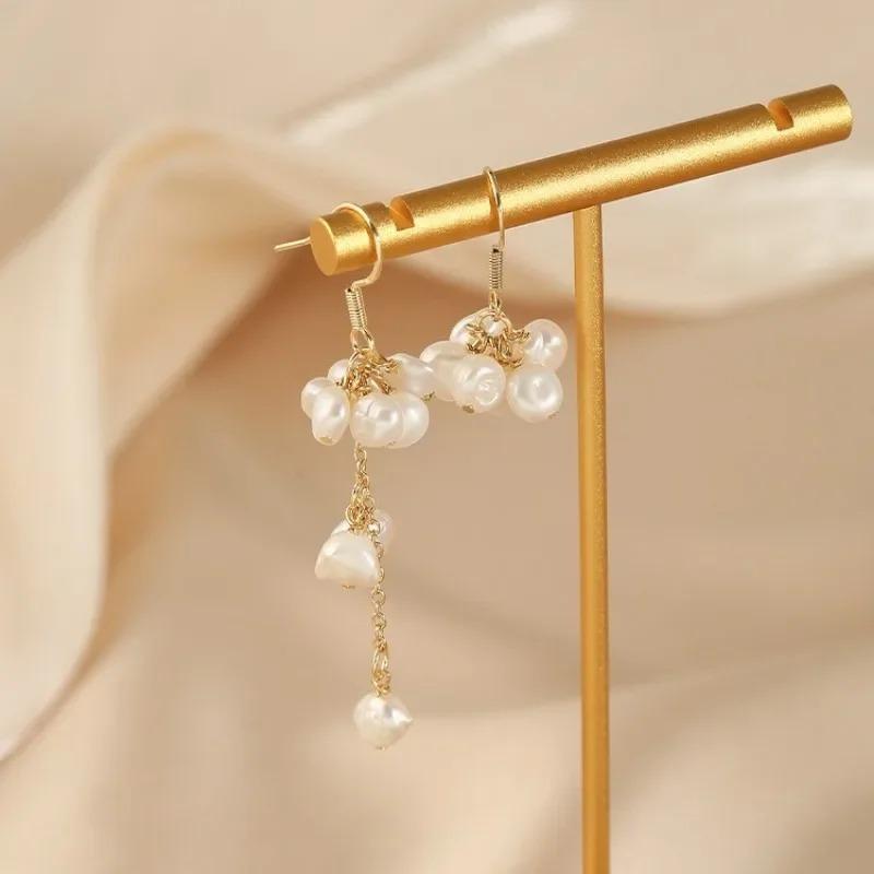 Trendy Natural Freshwater Pearl Asymmetric Tassel Drop Earrings Gold Plated Copper Bridal Jewelry For Women
