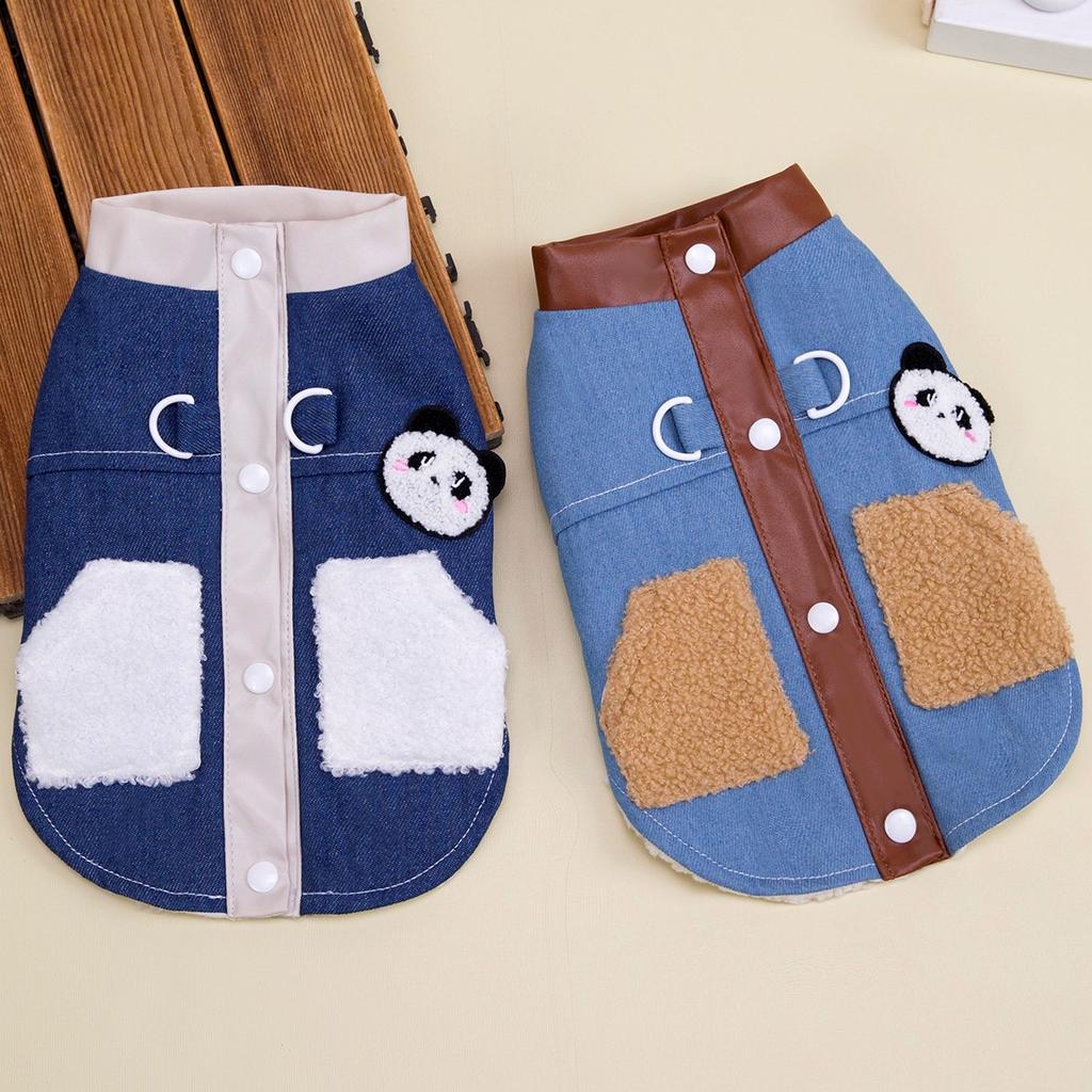 Dog cat clothes autumn and winter thick panda denim cotton-padded jacket velvet warm autumn winter clothing leash dog clothes
