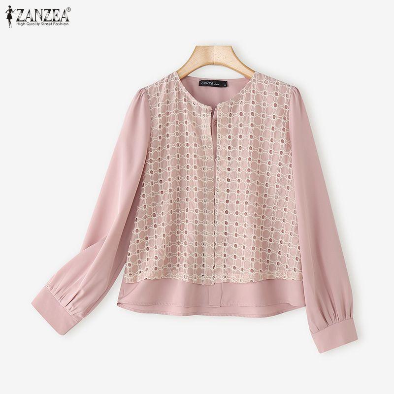 ZANZEA Women Casual Turn Down Collar Long Sleeve Embroidery Splice Fake Two-piece Blouse