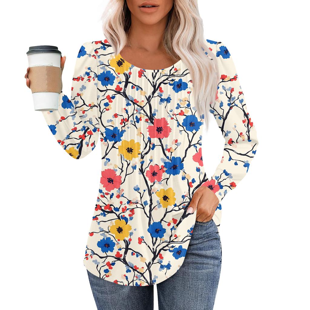 Damenmode Lässig Plissiert Rundhals Vintage Blumendruck Langarm T-Shirt Top