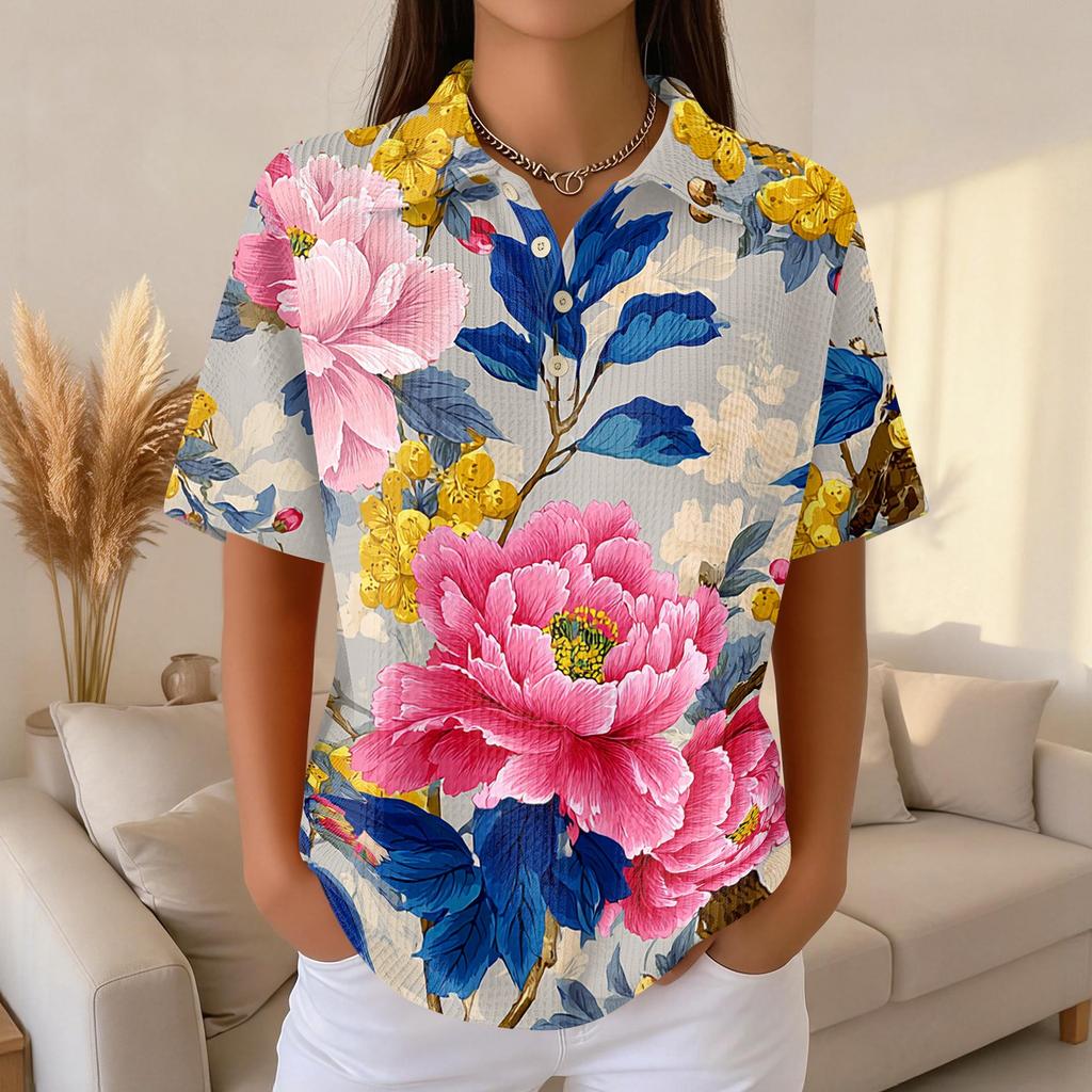 Women's Casual Short Sleeve Retro Floral Print Waffle Knit Polo Shirt Button Down Top with Classic Collar for Everyday Wear