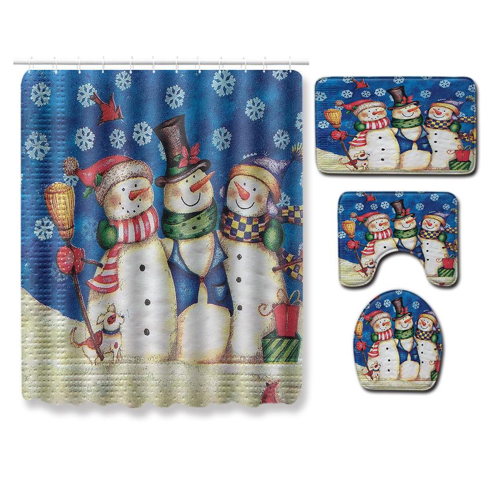 Christmas Waterproof Shower Curtain Floor Mat Four-Piece Set, Bathroom Water-Absorbing Non-Slip Door Mat, Shower Room Water-Absorbing Carpet