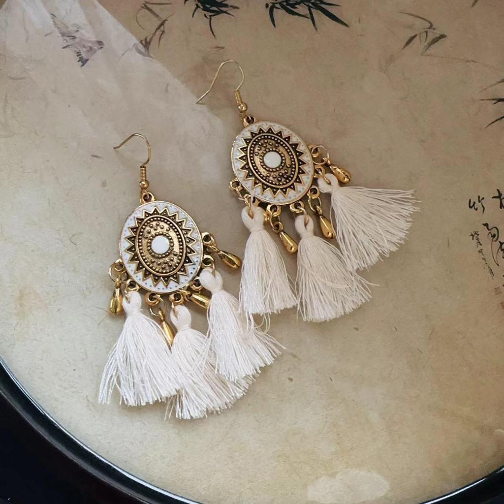 Bohemian Feather Seed Bead Tassel Earrings - Retro Ethnic Dangle Jewelry