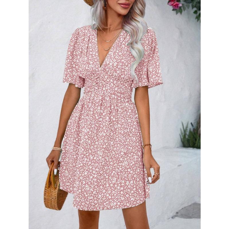 Women's Dress Summer V-Neck Mid Sleeve Printed High Waist Floral Pleated Dresses