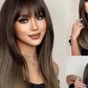 HENRY MARGU Long Staight Synthetic Wigs Dark Black Brown Ombre Hair With Bangs For Black Women Daily Cosplay Heat Resistant Wigs