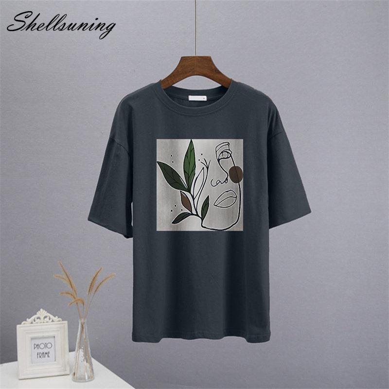 Shellsuning Abstract Character Graphic T Shirts Women Summer Soft Cotton Short Sleeve Tees Female Harajuku Chic Streetwear Tops