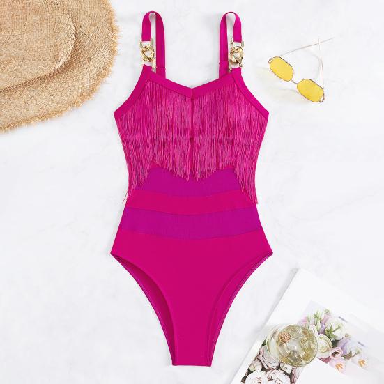 Women Sexy Monokini Sling Sleeveless Tassel Decor Swimsuit Mesh Splicing Backless Design One-piece Bikini