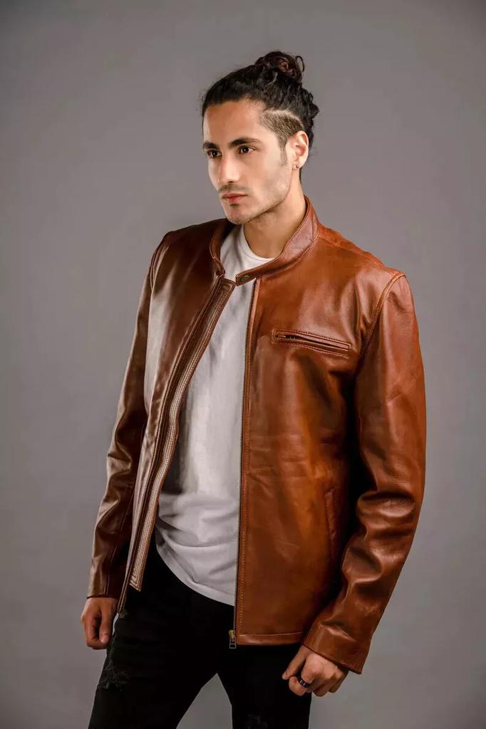 Handmade Men Biker Motorcycle Stylish Brown Real Hot Lambskin Leather Jacket