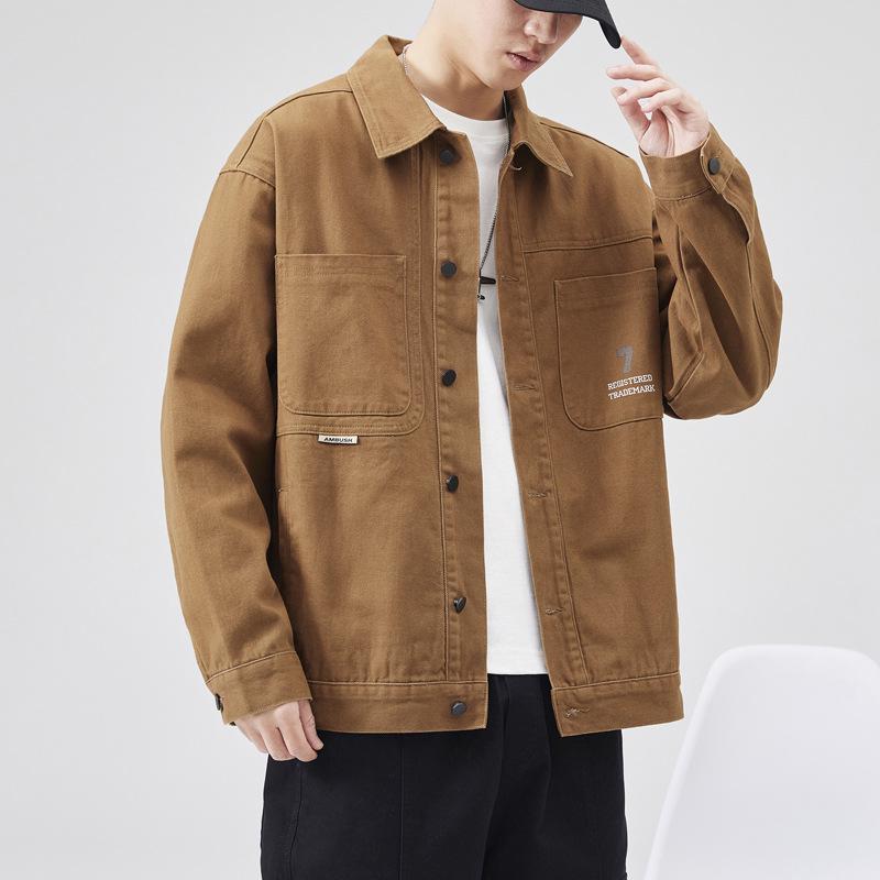 Men's Loose Fit Plus Size Khaki Denim Jacket - American Retro Spring/Autumn, Japanese Trend Brand
