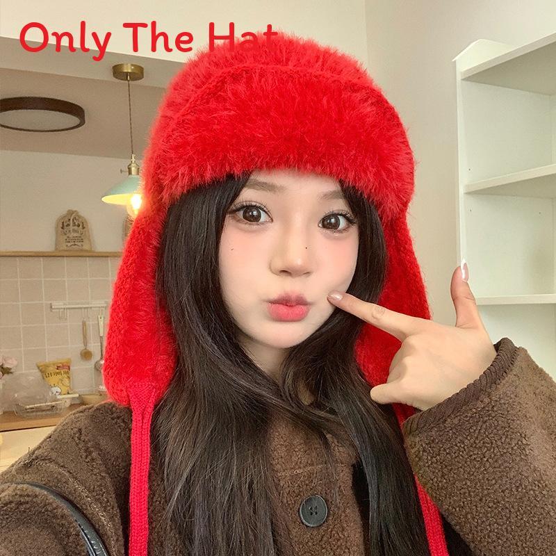 

Outdoor Warm Knit Cap With Plush Ear Flap For Autumn Winter Use червоний