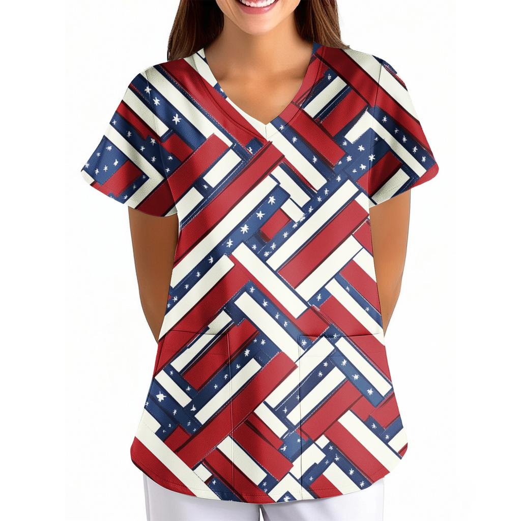 Women's Independence Day Printed Loose V-Neck Pocket Short-Sleeved  Clothing
