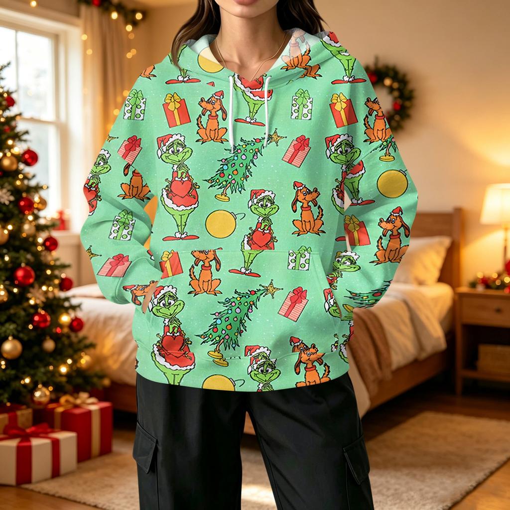 Women's Fashion Casual Christmas Print Hooded Sweatshirt with Pockets