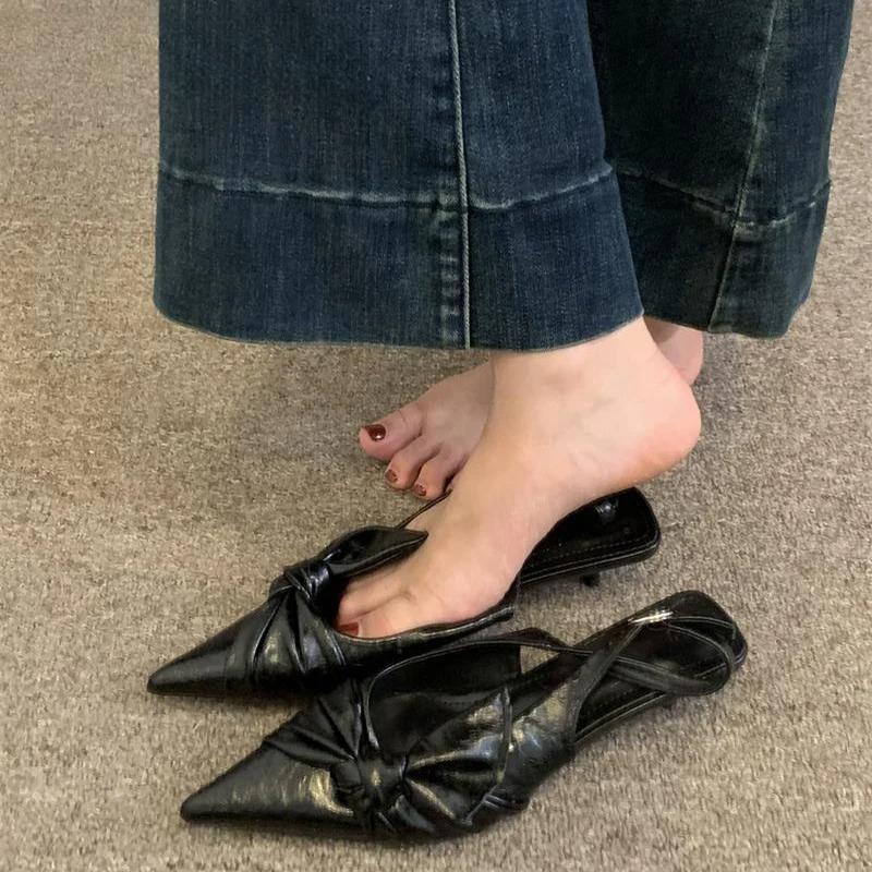 Summer Silvery Pointed Toe Women Sandals Fashion Butterfly-knot Singbacks Pumps Ladies Party Dress Low Heel Sandalias