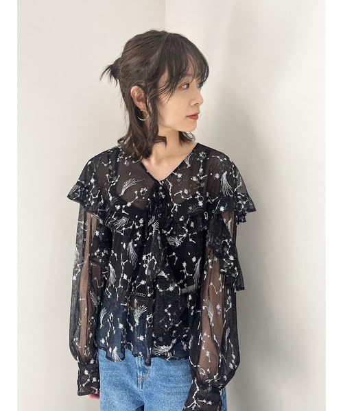 Lily Brown Starry Sky Embroidered Frill Blouse LWFT245101 Black Women's