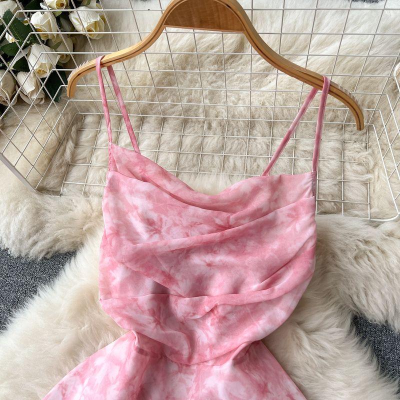 French Hollow Midriff Outfit Summer Floral Chiffon Suspender Skirt