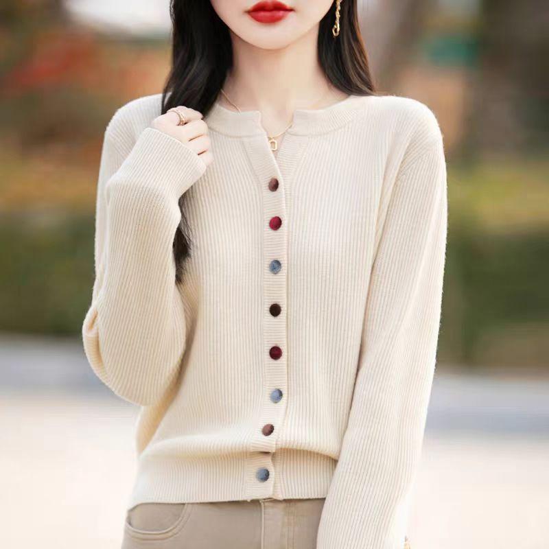 

Solid-color Sweater Cardigan Loose V-neck Knitted Coat for Women Spring and Autumn Casual Thickened Knitted Cardigan S бежевый