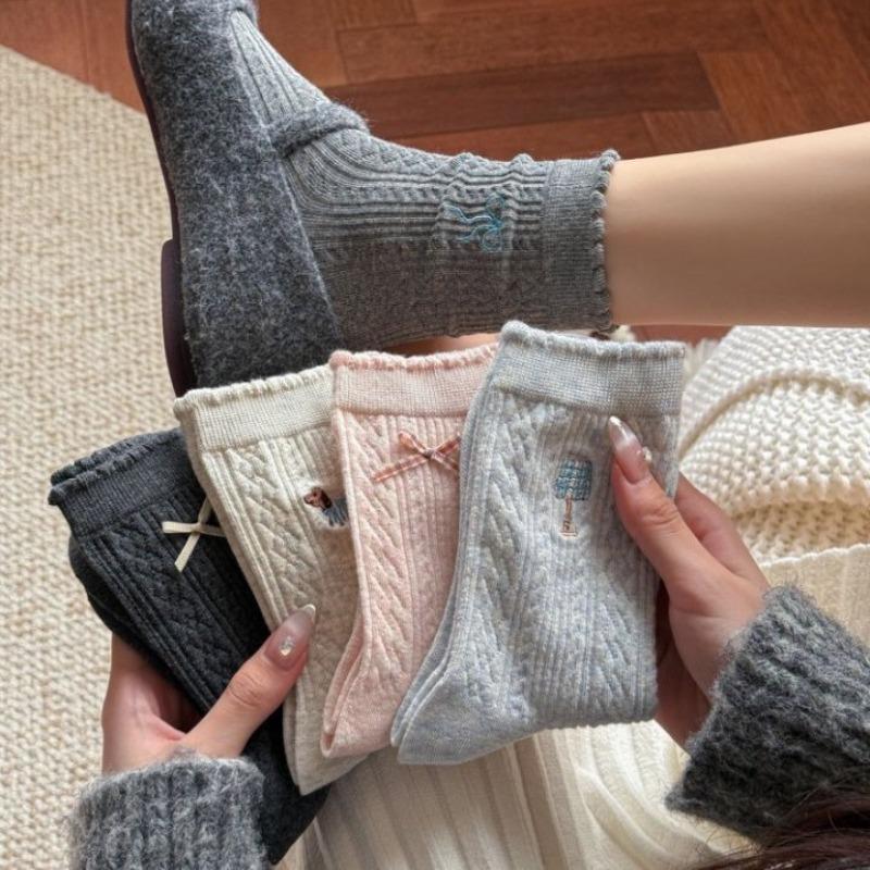 Autumn Socks, Bow Embroidery, Solid Color Lace, Pile Socks, Cotton Mid-calf Socks for Women