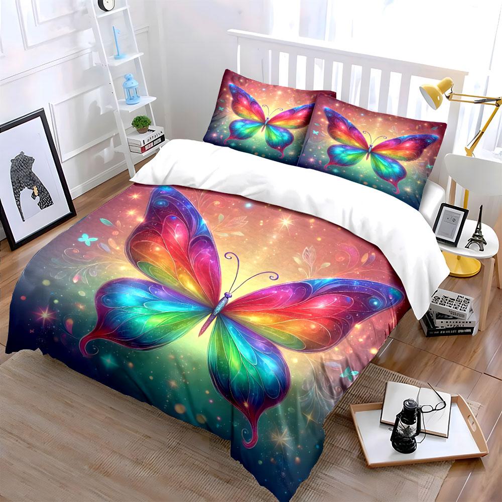Colorful Dreamy Butterfly With Starlight Print Bedding Set 1 Duvet Cover 2 Pillowcases For Adult Children Luxury Gift Full Size
