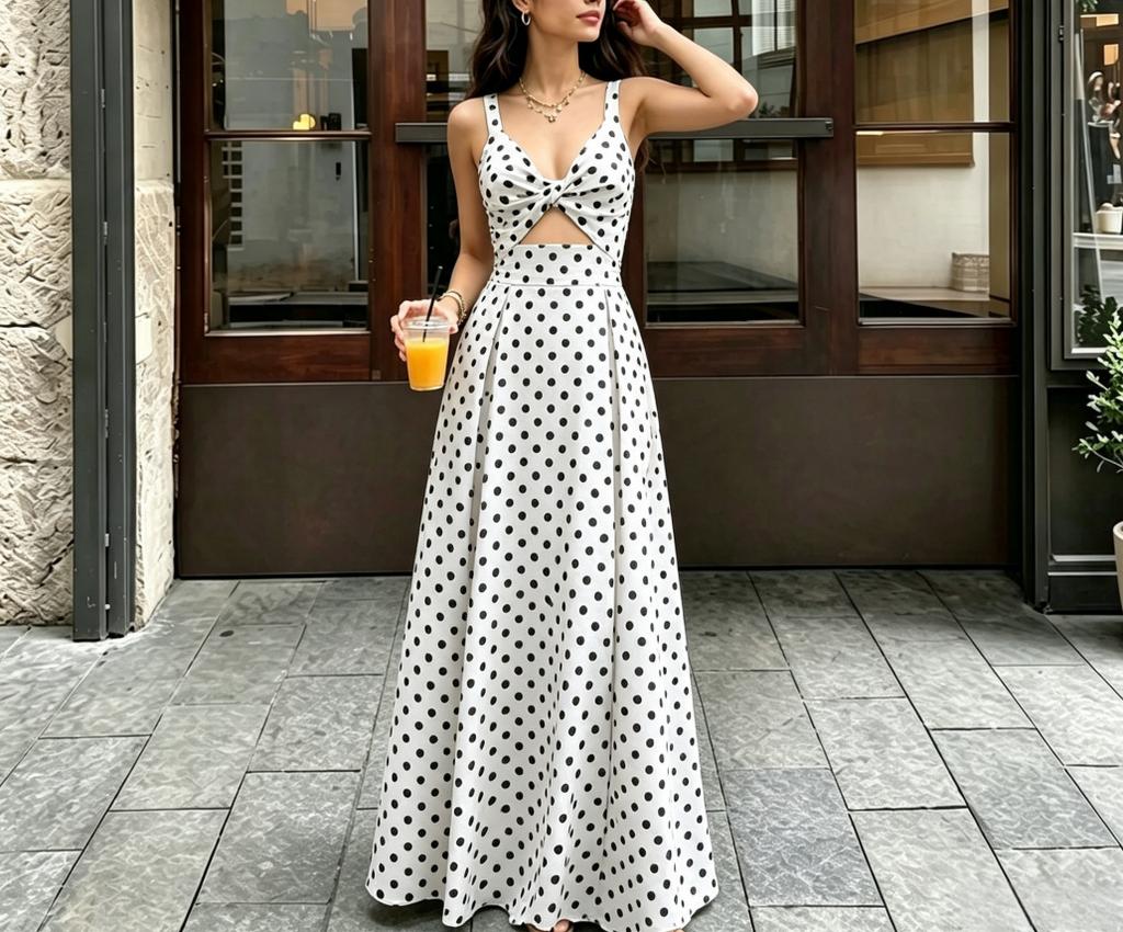 Summer New Women's Clothing Temperament Light and Mature Wind Polka Dots Waist Thin Suspender Dress Long Dress Women