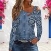 Women Plus Size Asymmetric Cutout Neck Cold Shoulder Long Sleeve Floral Printed Denim Blue Blouse