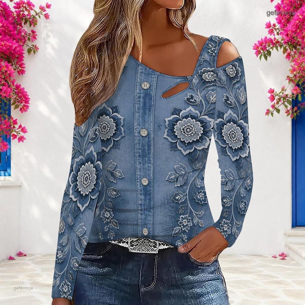 Women Plus Size Asymmetric Cutout Neck Cold Shoulder Long Sleeve Floral Printed Denim Blue Blouse