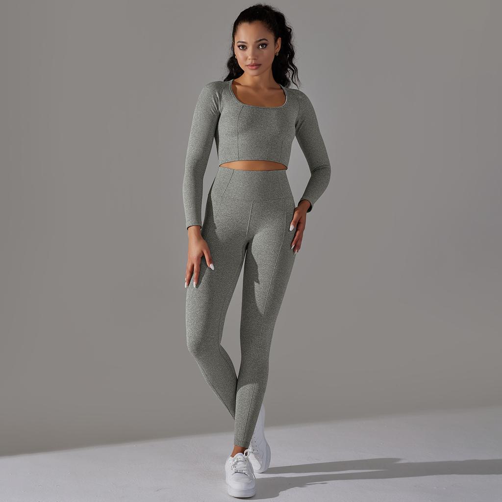 Seamless Knitted Long Sleeved Sports And Fitness Pants, Quick Drying Jacquard Breathable Hip Lifting Running Yoga Suit Set