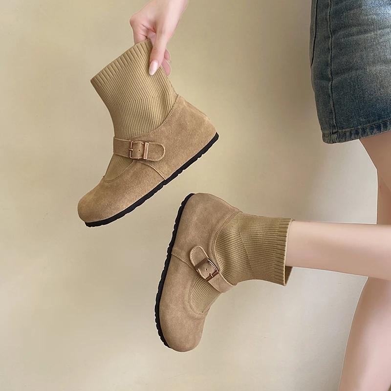 Fashion Women's Flat Boots Round Toe Belt Buckle Soft Suede Leather Shoes Women Leisure Dress Fashion Retro Flats Zapatillas De Mujer